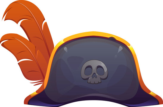 Pirate hat or corsair and captain headwear, cartoon vector icon. Caribbean pirate tricorn or bicorn hat with Jolly Roger skull badge and feathers plumage, sailor boatswain or skipper marine hat