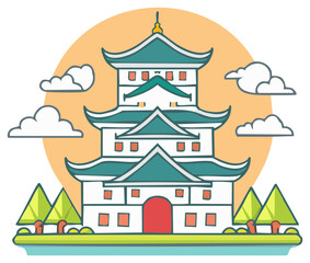 Obraz premium Traditional Japanese castle vector illustration with a scenic landscape and sun
