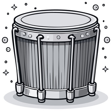 Black and white cartoon style illustration of a conga drum with decorative sparkles and circles