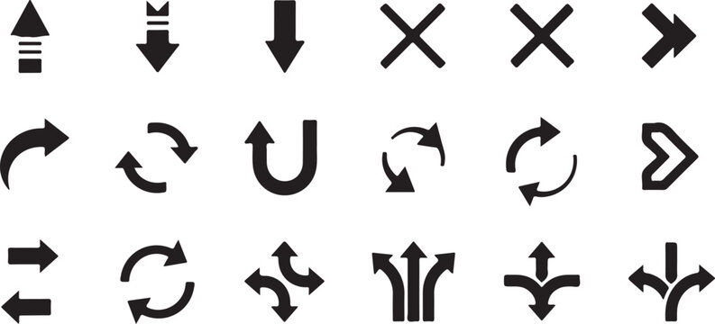 A set of eighteen black minimalist vector arrow icons featuring various directions, curves, loops, and navigation symbols isolated on a white background.