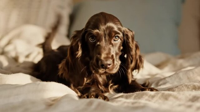 Adorable brown cocker spaniel puppy relaxing on a bed looking at the camera with a curious expression