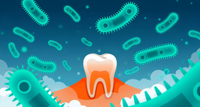 Conceptual illustration depicting harmful bacteria or microbes invading a healthy white tooth structure against a blue microscopic background
