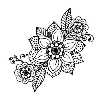 Hand drawn floral doodle pattern with flowers and leaves