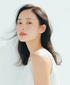 美容, 女性, スキンケア, 化粧品, ビューティー, 若い女性, 美肌, 日本人, アジア人, フェイシャル, メイク, 美容液, 保湿, クリーム, エイジングケア, 美容医療, エステ, 美容クリニック, 肌ケア, ナチュラルメイク, 透明感, ツヤ肌, モデル, 笑顔, ポートレート, クローズアップ, リラックス, 癒し, 健康的, 美白, コラーゲン, ヒアルロン酸, アンチエイジング