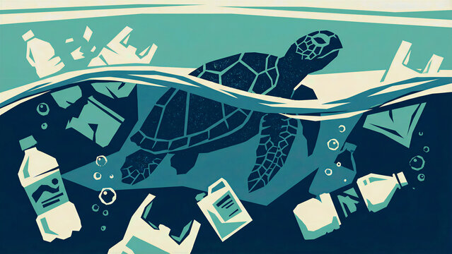 A graphic illustration captures a majestic sea turtle swimming gracefully through a dangerously polluted ocean, surrounded by an abundance of discarded plastic bottles, bags, and various harmful