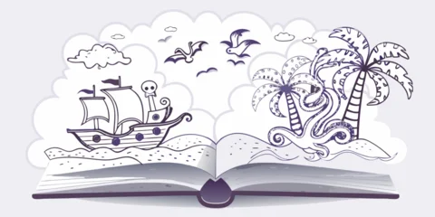 Poster Piraten An open book reveals a sketched island scene with a pirate ship  © Usa