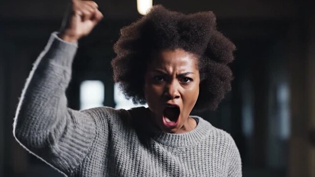 A determined individual expresses intense frustration and anger with a clenched fist raised in a powerful gesture of defiance and resolve