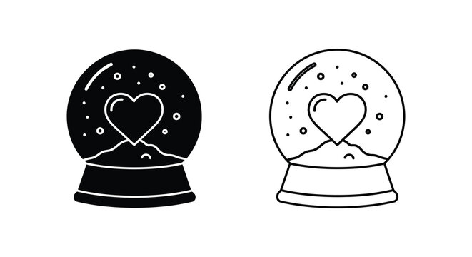 Two snow globes with heart shapes inside a black and white illustration silhouette