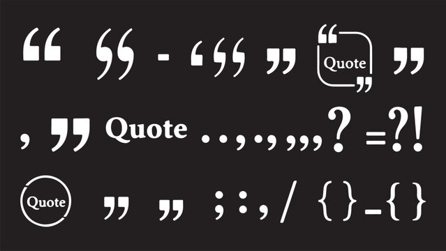 A collection of white punctuation marks and typographic elements on a black background, featuring various styles of quotation marks, commas, question marks, brackets, and quote boxes.