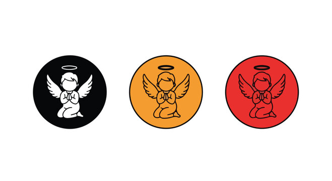 Three stylized cherub angels with halos and wings praying in circular icons of black, orange, and red colors