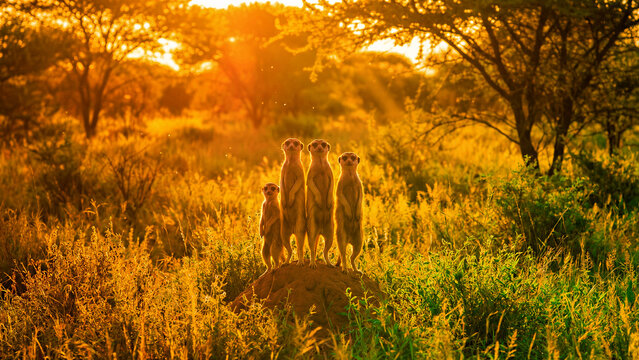 A vigilant family of four meerkats stands united on a termite mound, bathed in the mesmerizing golden hour light, attentively surveying their surroundings with their iconic upright posture, embodying