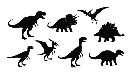 A collection of prehistoric dinosaur silhouettes including a t rex triceratops and pterodactyl against a white background silhouette high quality professional © JASMIN