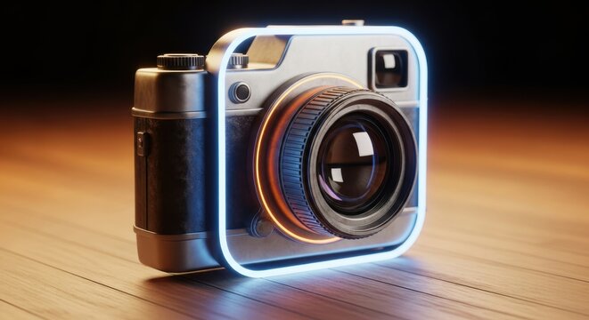 Stylized rectangular camera icon glows with bright neon trim upon a wooden surface