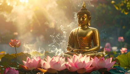 Obraz premium A golden Buddha statue in meditation amidst lotus blossoms, soft light & incense