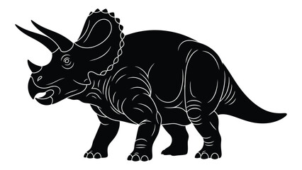 A striking black silhouette depicts a side view of a triceratops dinosaur showcasing its iconic frill and horns silhouette high quality © JASMIN