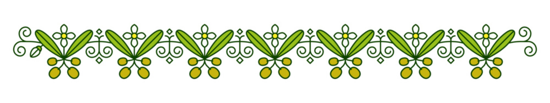 Olive dividers, separators and border frames with green leaves and flowers, vector pattern. Olive branch divider and olives with flourish ornate pattern for Italian design or Greek frame separator