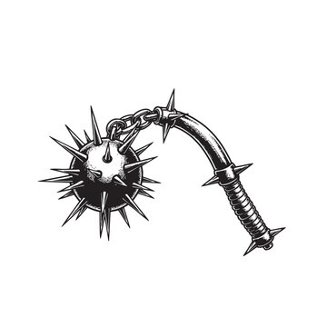 Medieval spiked flail weapon vector illustration with heavy chain and morning star ball mace for historical knight combat theme isolated on white background for vintage design use.