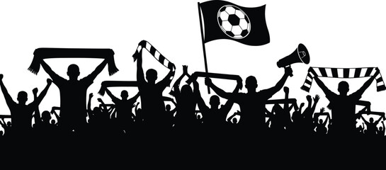 Obraz premium Passionate soccer fans silhouette cheering with flags and scarves at stadium event illustration with vector graphic with graphic resource with design element with raising hands with sports event
