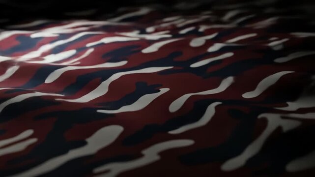 A close-up view of a fabric with a red, white, and blue camouflage pattern