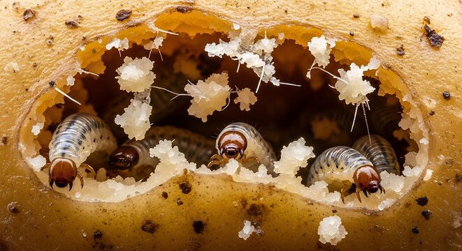 Larvae of fruit fly or vinegar fly inside rotten fruit