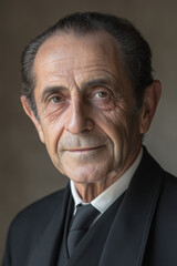 Fototapeta premium Professional Mature Italian Butler in Black Suit with Discreet and Reserved Expression 