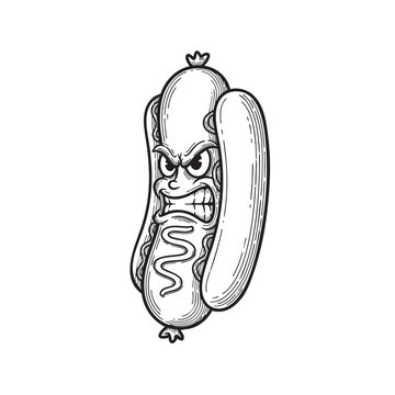 Angry Cartoon Hot Dog Sausage Character with Mean Expression Vintage Sketch Vector Illustration for Fast Food Restaurant Mascot Food Truck Branding and Creative Apparel Graphic Des