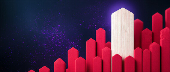 Growing wooden bar chart with glowing highlight showing success trend