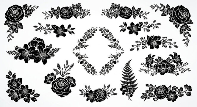 Black Floral Ornaments and Borders Collection.