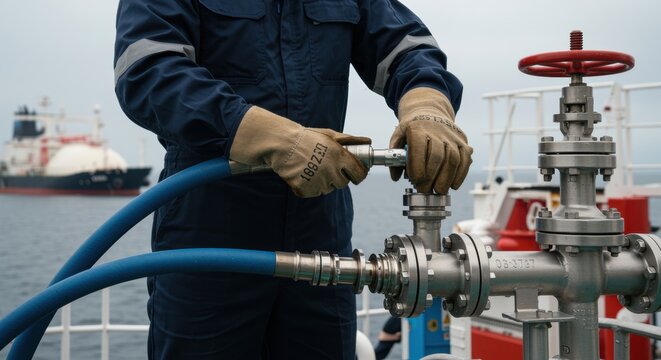 worker operating hose valve on oil tanker deck during marine fuel transfer process