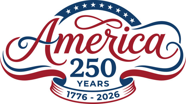America 250 years logo with red, white, and blue colors and stars on isolated white background