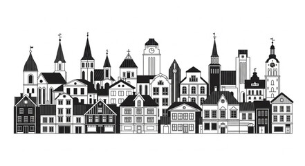 Obraz premium Black and White Silhouette of European City Skyline.