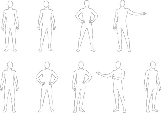 Diverse human figures dashed outline set - posed man and woman silhouettes for design template and data visualization vector collection with dashed line with line art with various poses with cut out