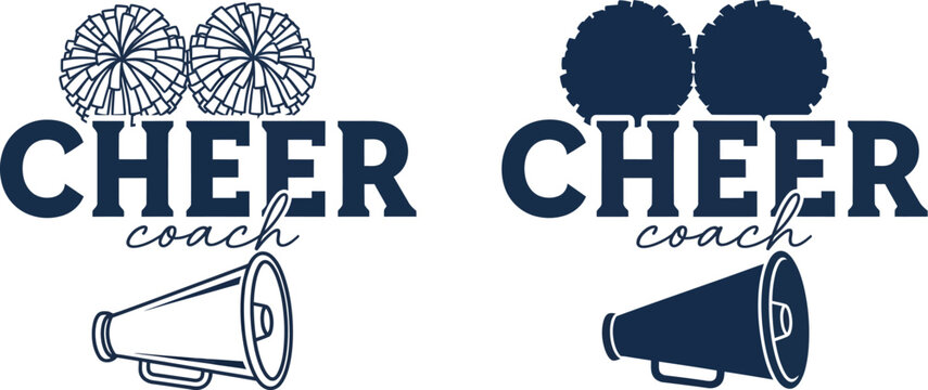 Cheerleading coach team emblems - dynamic text with pom-poms and megaphones for school spirit and sports events vector illustration with high school