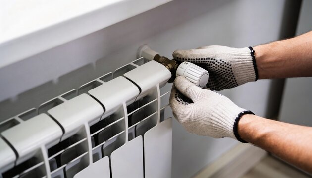 Close-up of gloved hands adjusting a thermostatic valve on a white home radiator to control heating.
