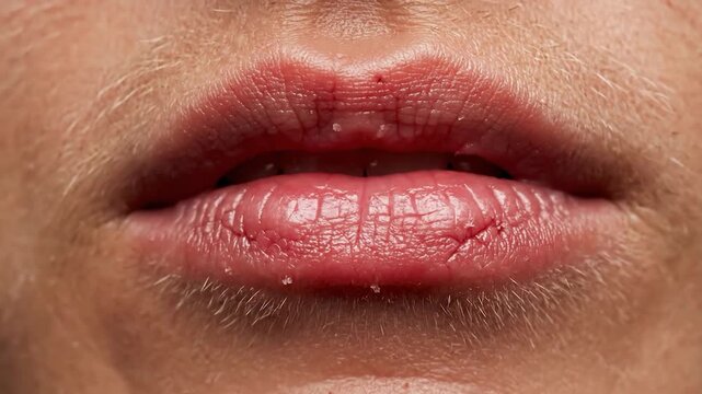 Close-up extreme detail of a person's mouth with dry, chapped lips and visible texture, showing teeth and facial hair