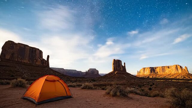 Desert night sky with Milky Way over sandstone mesas, orange glow, a lone camping tent under stars!!