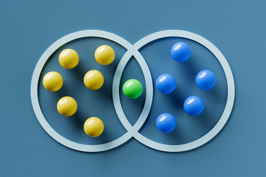 Blue and Yellow Spheres Creating Green for Synergy, Business Collaboration or Creative Solutions