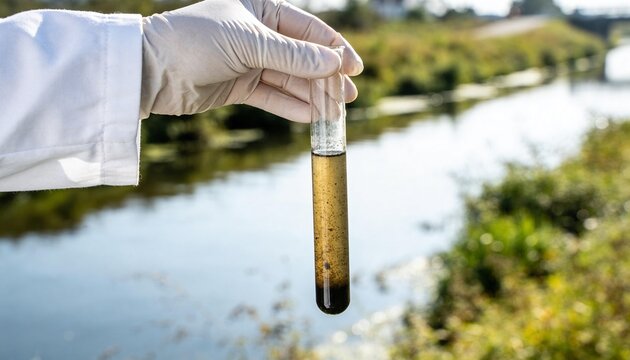 A gloved hand holds a test tube with murky water for environmental testing, blurred river in background.