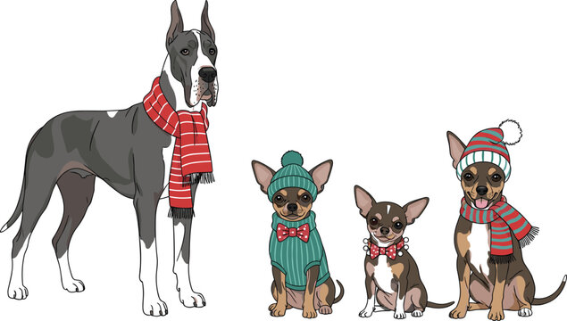 Cute Dog Vector Set with Winter Clothing Accessories Featuring Great Dane, Chihuahua, and Mixed Breeds Wearing Hats, Scarves, and Bow Ties for Holiday Illustrations