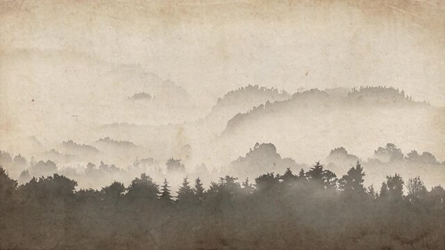 Vintage sepia toned light haze drifting distant forest shapes soft grain diffusion cinematic ambience