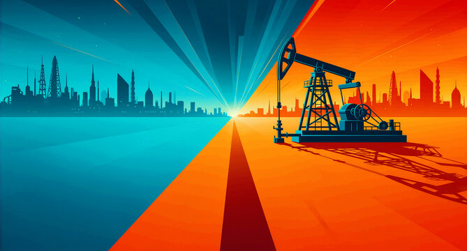 Stylized illustration juxtaposing an industrial oil pump jack against a vibrant cityscape divided by contrasting blue and orange energy themes.