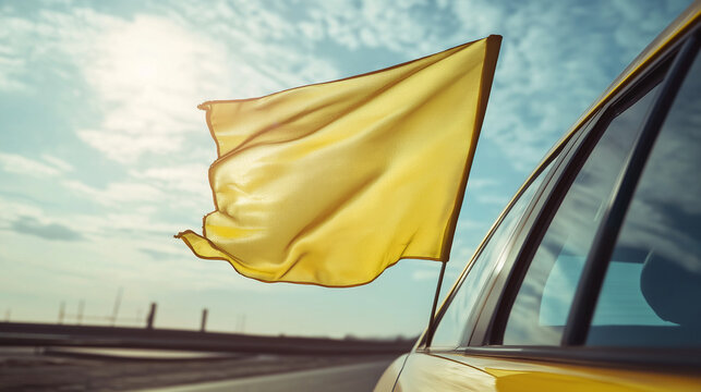 Car with yellow flag on road in bright outdoor setting