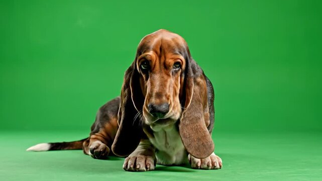 A tri-colored canine with long ears and droopy eyes is resting on a plain green background, looking to the side with a calm expression