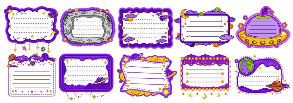 Galaxy space kids memo note frames. Outer space theme with whimsical galaxy, shooting stars, spaceships and celestial. UFO frame, moon and planets border, galactic clouds filled with stars and comets