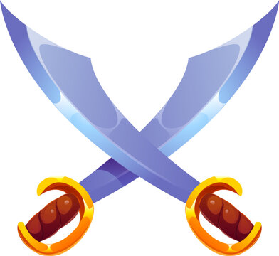 Pirate saber swords of Caribbean corsairs blades weapon, cartoon vector game icon. Piracy cold arms of crossed cutlass sabers or broadsword dirks for pirate game asset and corsairs maritime daggers