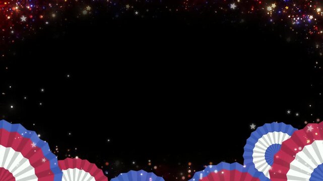 Patriotic rosette ribbons with sparkling stars on black background video