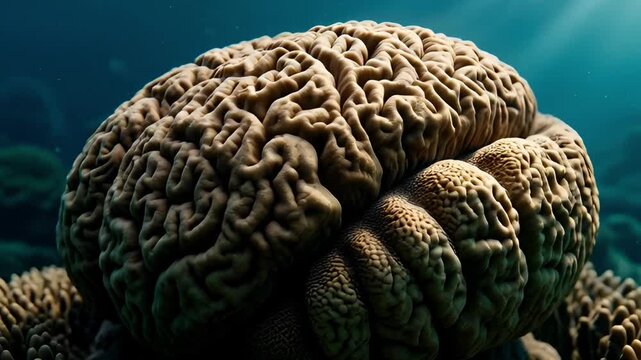 Close up of brain coral underwater with intricate texture and patterns