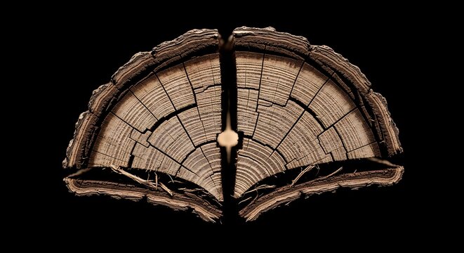 Symmetrical split log cross-section showing intricate growth rings and textured bark isolated against a solid black minimalist background.