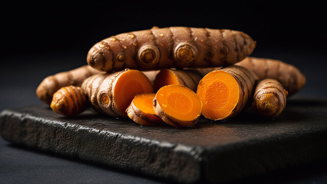 Fresh Raw Turmeric Roots on Black Stone Plate