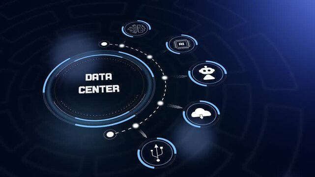 Data center hud animation featuring futuristic digital interface with server icons to showcase large scale hosting systems